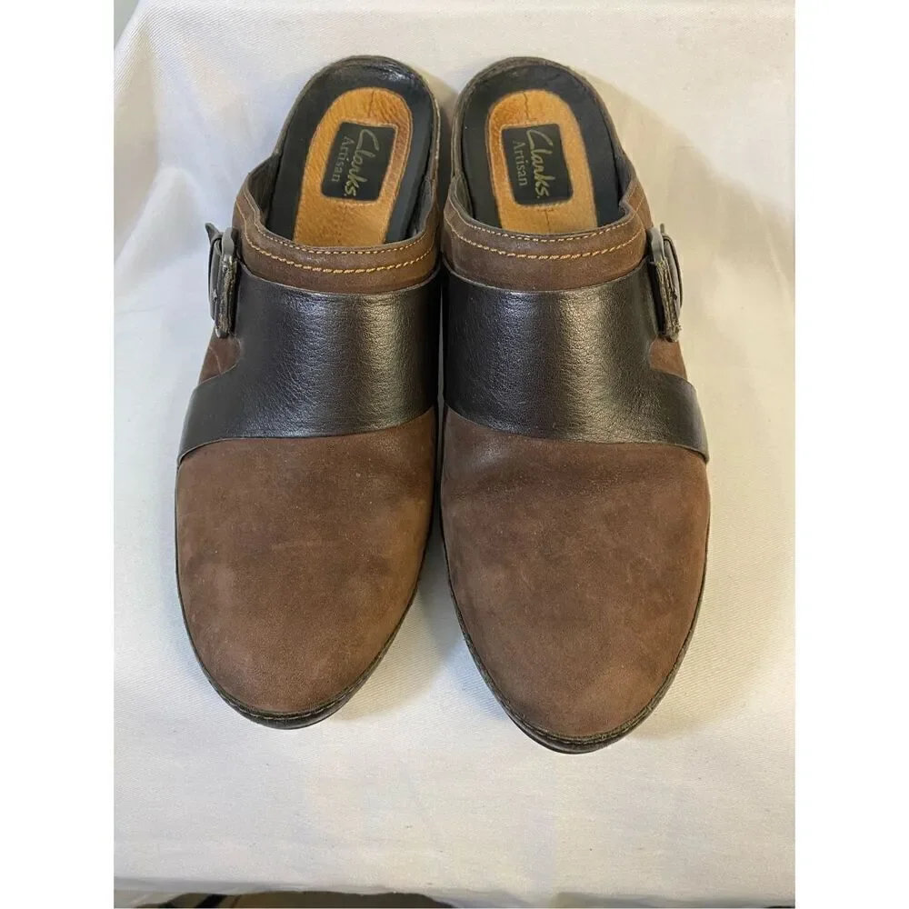 CLARKS Artisan Size 10 Brown Leather Heeled Mule